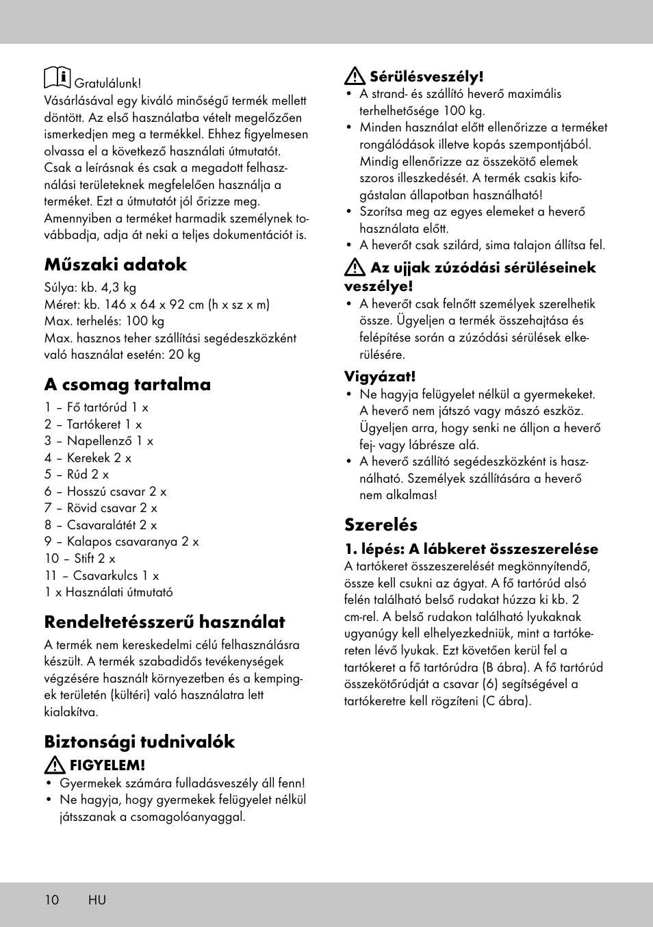 Műszaki adatok, A csomag tartalma, Rendeltetésszerű használat | Biztonsági tudnivalók, Szerelés | Crivit Sun Lounger User Manual | Page 10 / 24