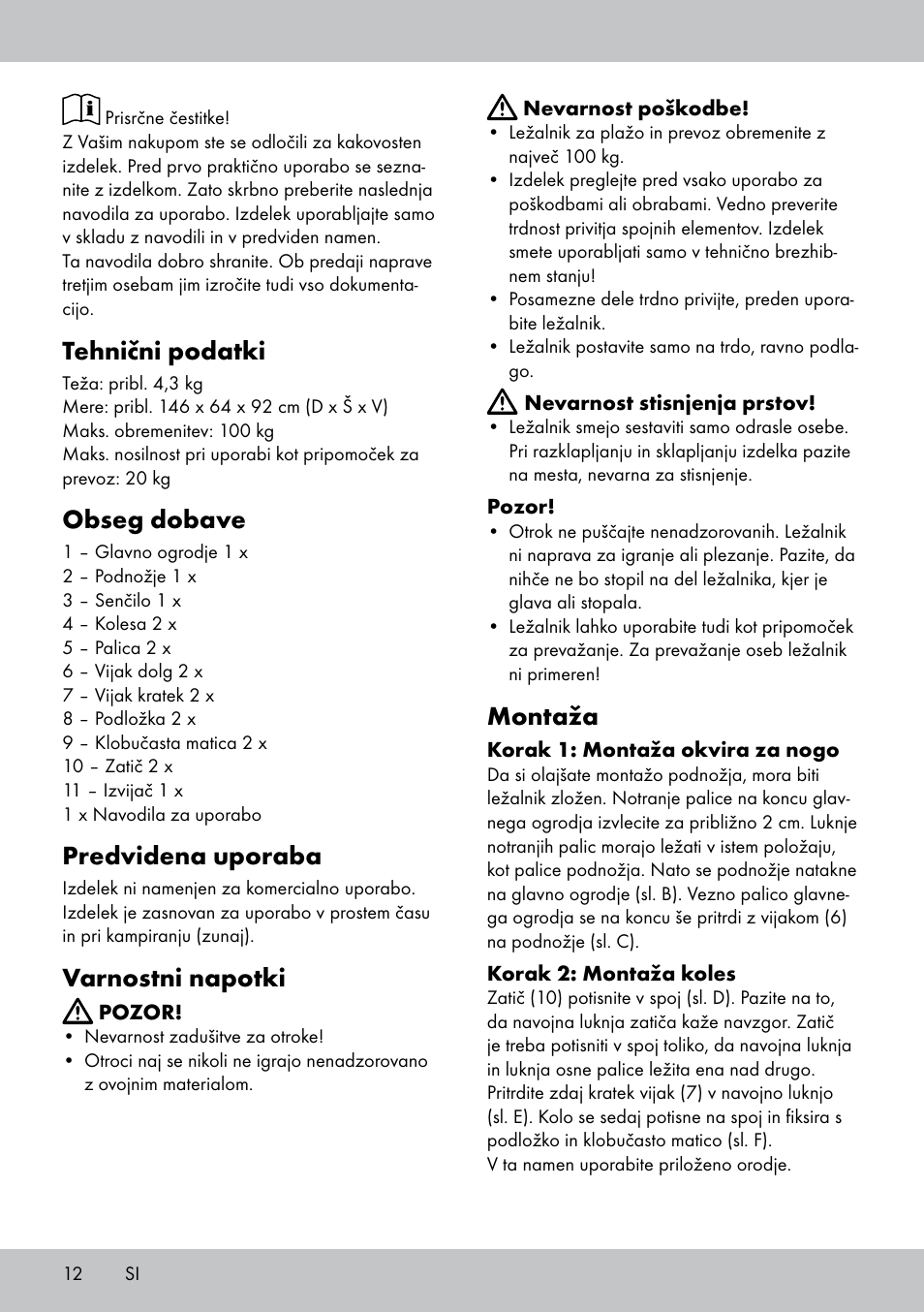 Tehnični podatki, Obseg dobave, Predvidena uporaba | Varnostni napotki, Montaža | Crivit Sun Lounger User Manual | Page 12 / 24