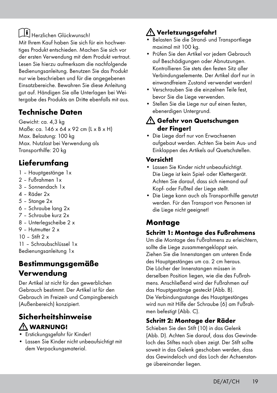 Technische daten, Lieferumfang, Bestimmungsgemäße verwendung | Sicherheitshinweise, Montage | Crivit Sun Lounger User Manual | Page 19 / 24
