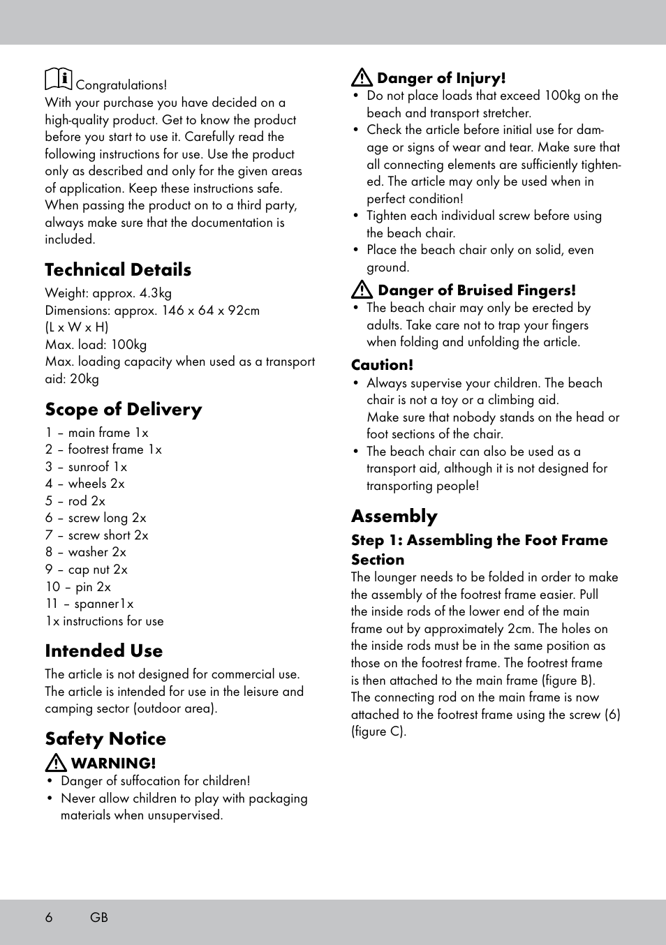 Assembly, Technical details, Scope of delivery | Intended use, Safety notice | Crivit Sun Lounger User Manual | Page 6 / 24