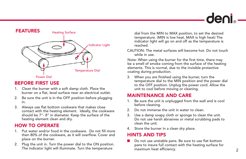 Maintenance and care, Hints and tips, Features | Before first use, How to operate | Deni 16310 User Manual | Page 3 / 4