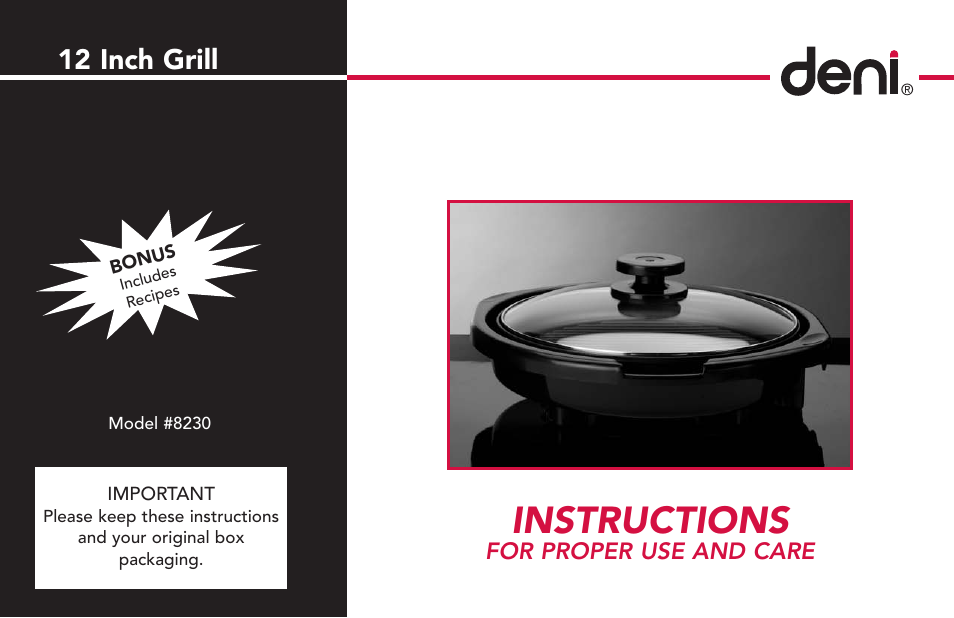 Deni 12 Inch Grill 8230 User Manual | 12 pages