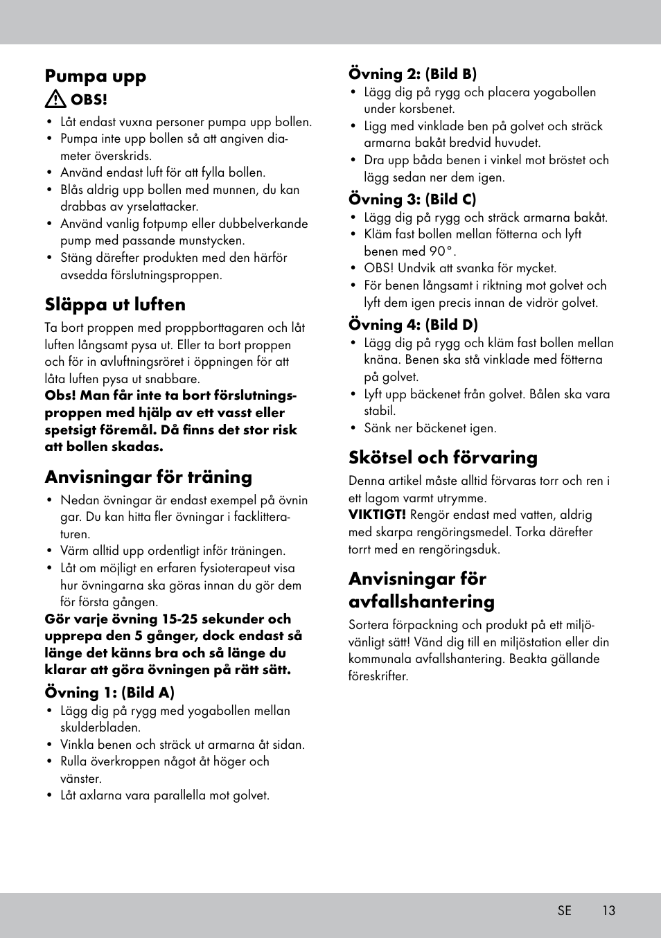 Pumpa upp, Släppa ut luften, Anvisningar för träning | Skötsel och förvaring, Anvisningar för avfallshantering | Crivit Yoga Block Style_Yogaball User Manual | Page 13 / 28