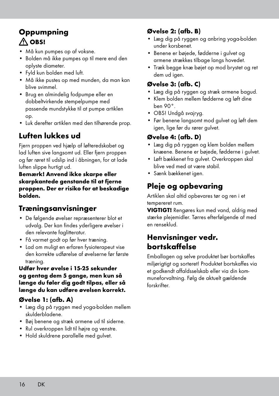 Oppumpning, Luften lukkes ud, Træningsanvisninger | Pleje og opbevaring, Henvisninger vedr. bortskaffelse | Crivit Yoga Block Style_Yogaball User Manual | Page 16 / 28