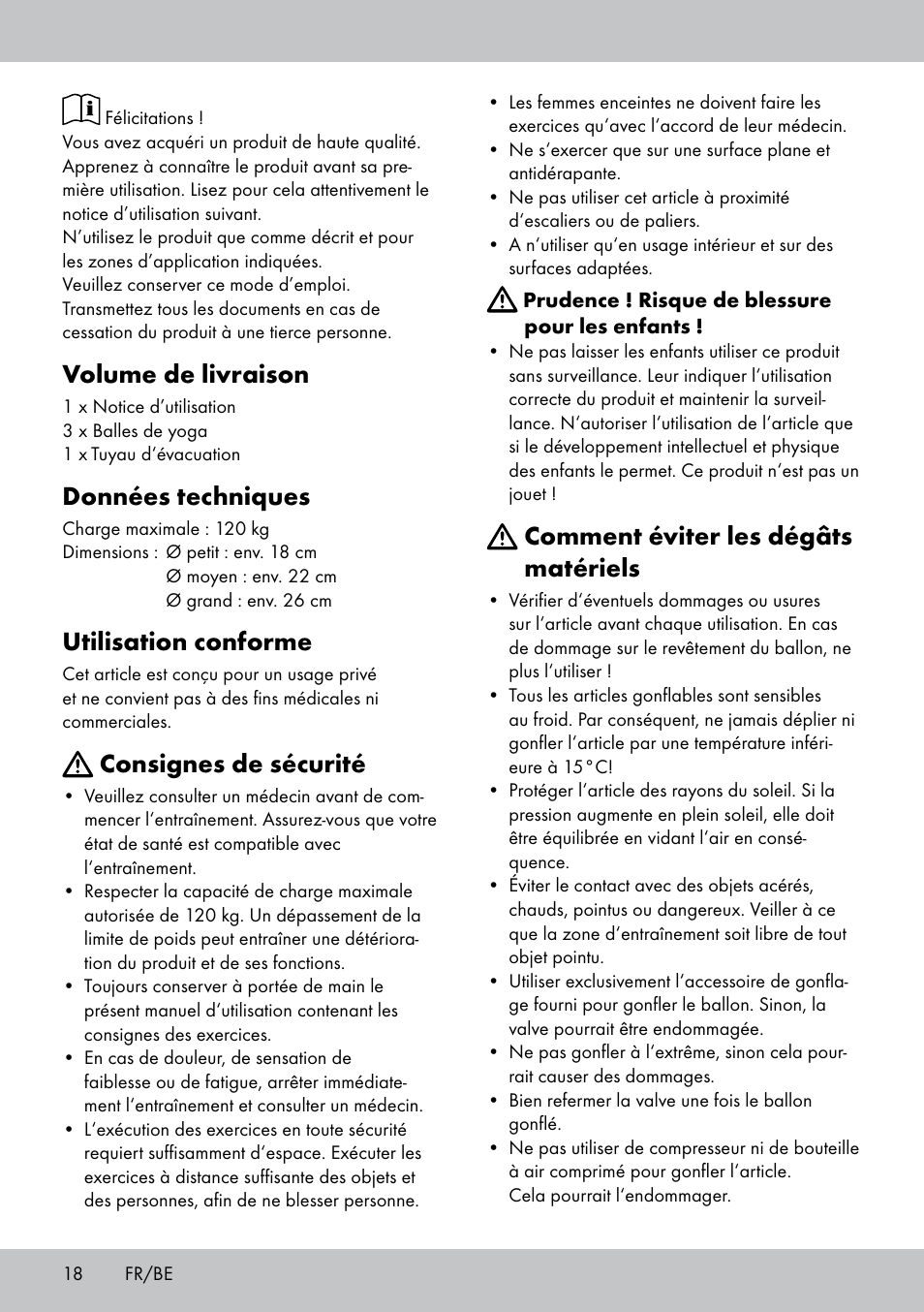 Volume de livraison, Données techniques, Utilisation conforme | Consignes de sécurité, Comment éviter les dégâts matériels | Crivit Yoga Block Style_Yogaball User Manual | Page 18 / 28