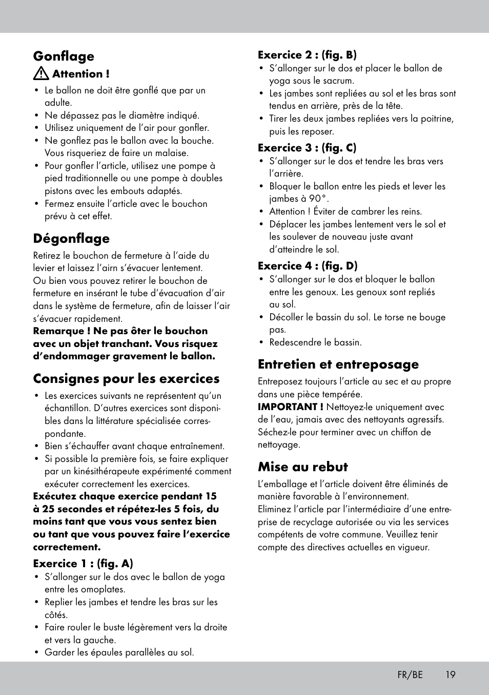 Gonflage, Dégonflage, Consignes pour les exercices | Entretien et entreposage, Mise au rebut | Crivit Yoga Block Style_Yogaball User Manual | Page 19 / 28