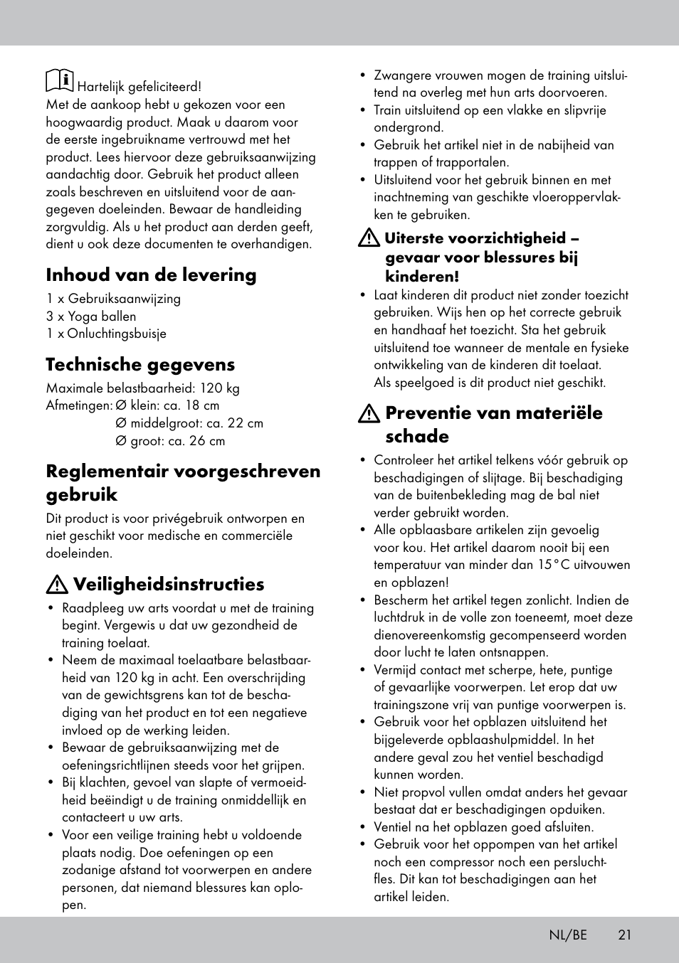 Inhoud van de levering, Technische gegevens, Reglementair voorgeschreven gebruik | Veiligheidsinstructies, Preventie van materiële schade | Crivit Yoga Block Style_Yogaball User Manual | Page 21 / 28