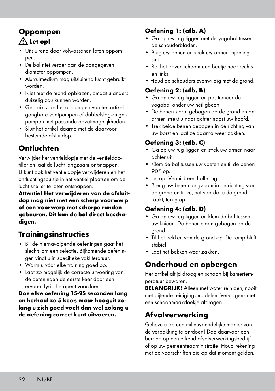 Oppompen, Ontluchten, Trainingsinstructies | Onderhoud en opbergen, Afvalverwerking | Crivit Yoga Block Style_Yogaball User Manual | Page 22 / 28
