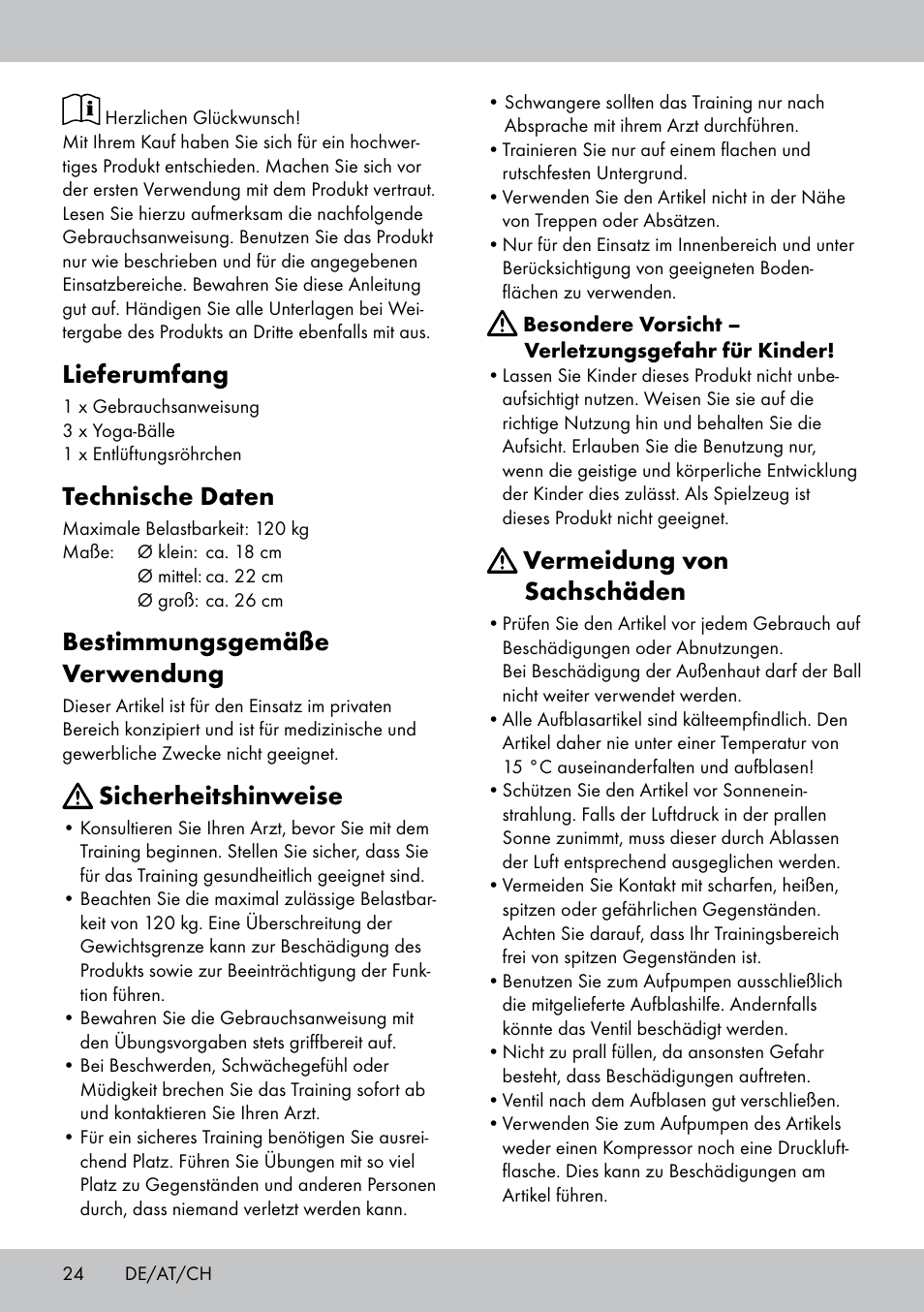 Vermeidung von sachschäden, Lieferumfang, Technische daten | Bestimmungsgemäße verwendung, Sicherheitshinweise | Crivit Yoga Block Style_Yogaball User Manual | Page 24 / 28