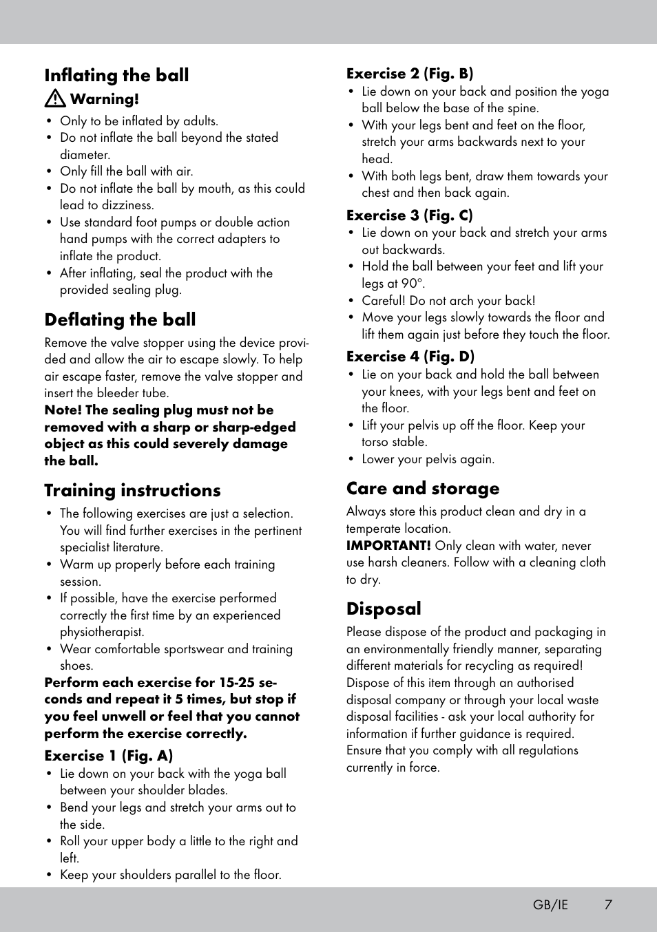 Inflating the ball, Deflating the ball, Training instructions | Care and storage, Disposal | Crivit Yoga Block Style_Yogaball User Manual | Page 7 / 28