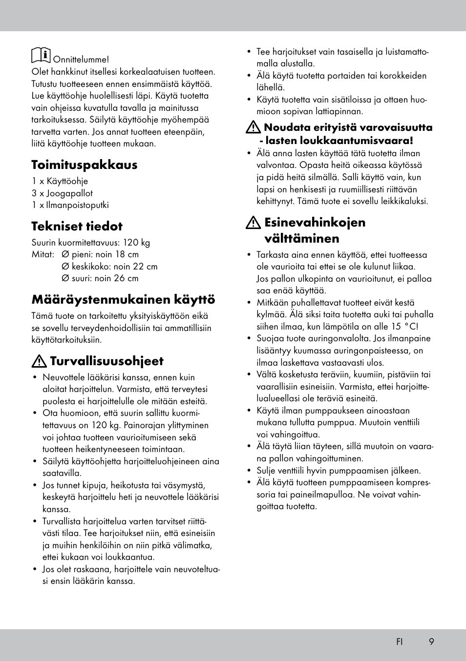 Toimituspakkaus, Tekniset tiedot, Määräystenmukainen käyttö | Turvallisuusohjeet, Esinevahinkojen välttäminen | Crivit Yoga Block Style_Yogaball User Manual | Page 9 / 28