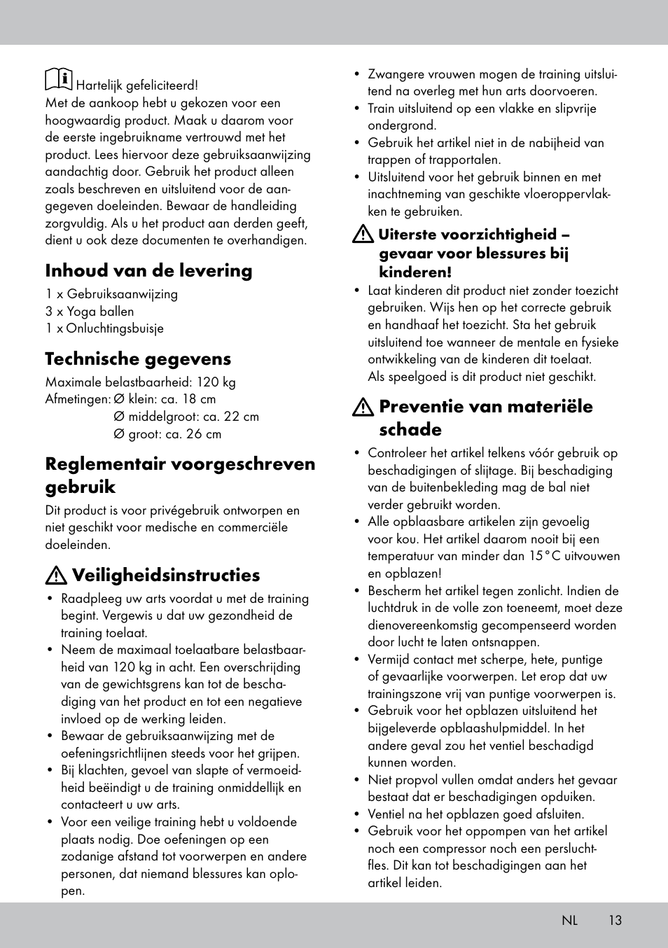 Inhoud van de levering, Technische gegevens, Reglementair voorgeschreven gebruik | Veiligheidsinstructies, Preventie van materiële schade | Crivit Yoga Block Style_Yogaball User Manual | Page 13 / 20