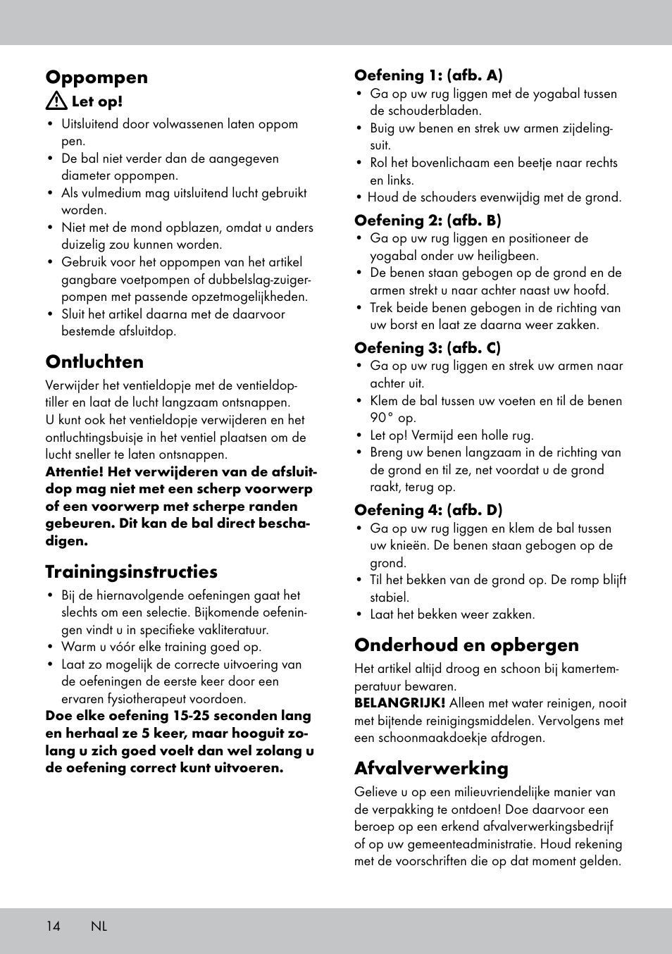 Oppompen, Ontluchten, Trainingsinstructies | Onderhoud en opbergen, Afvalverwerking | Crivit Yoga Block Style_Yogaball User Manual | Page 14 / 20