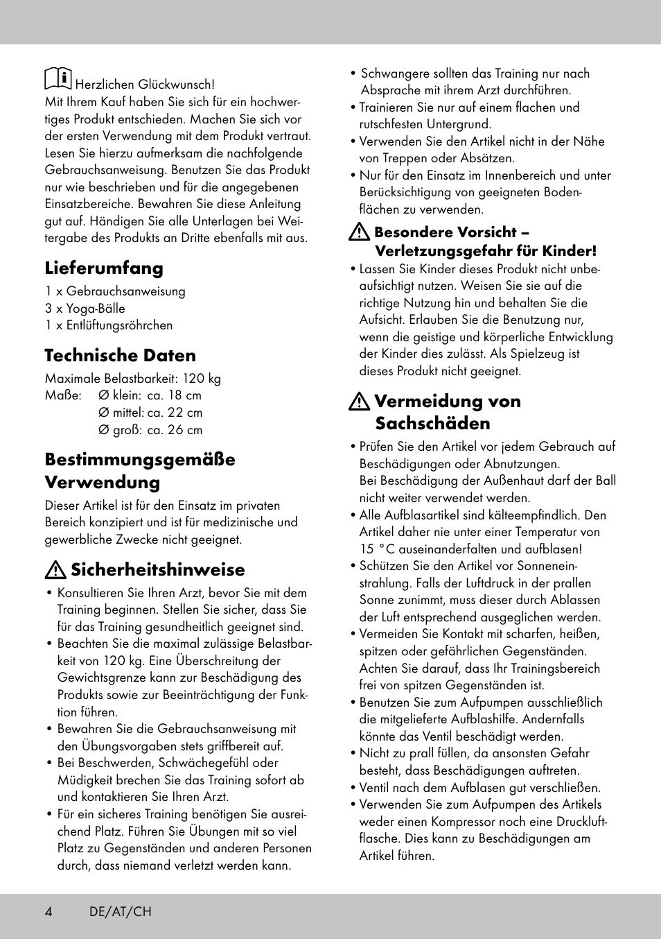 Vermeidung von sachschäden, Lieferumfang, Technische daten | Bestimmungsgemäße verwendung, Sicherheitshinweise | Crivit Yoga Block Style_Yogaball User Manual | Page 4 / 20