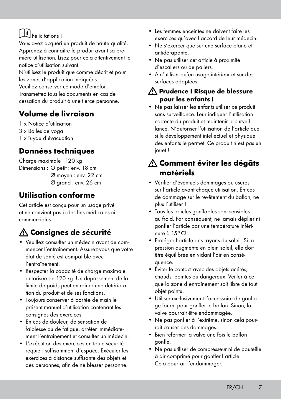 Volume de livraison, Données techniques, Utilisation conforme | Consignes de sécurité, Comment éviter les dégâts matériels | Crivit Yoga Block Style_Yogaball User Manual | Page 7 / 20