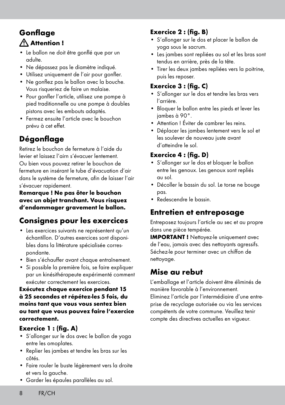 Gonflage, Dégonflage, Consignes pour les exercices | Entretien et entreposage, Mise au rebut | Crivit Yoga Block Style_Yogaball User Manual | Page 8 / 20