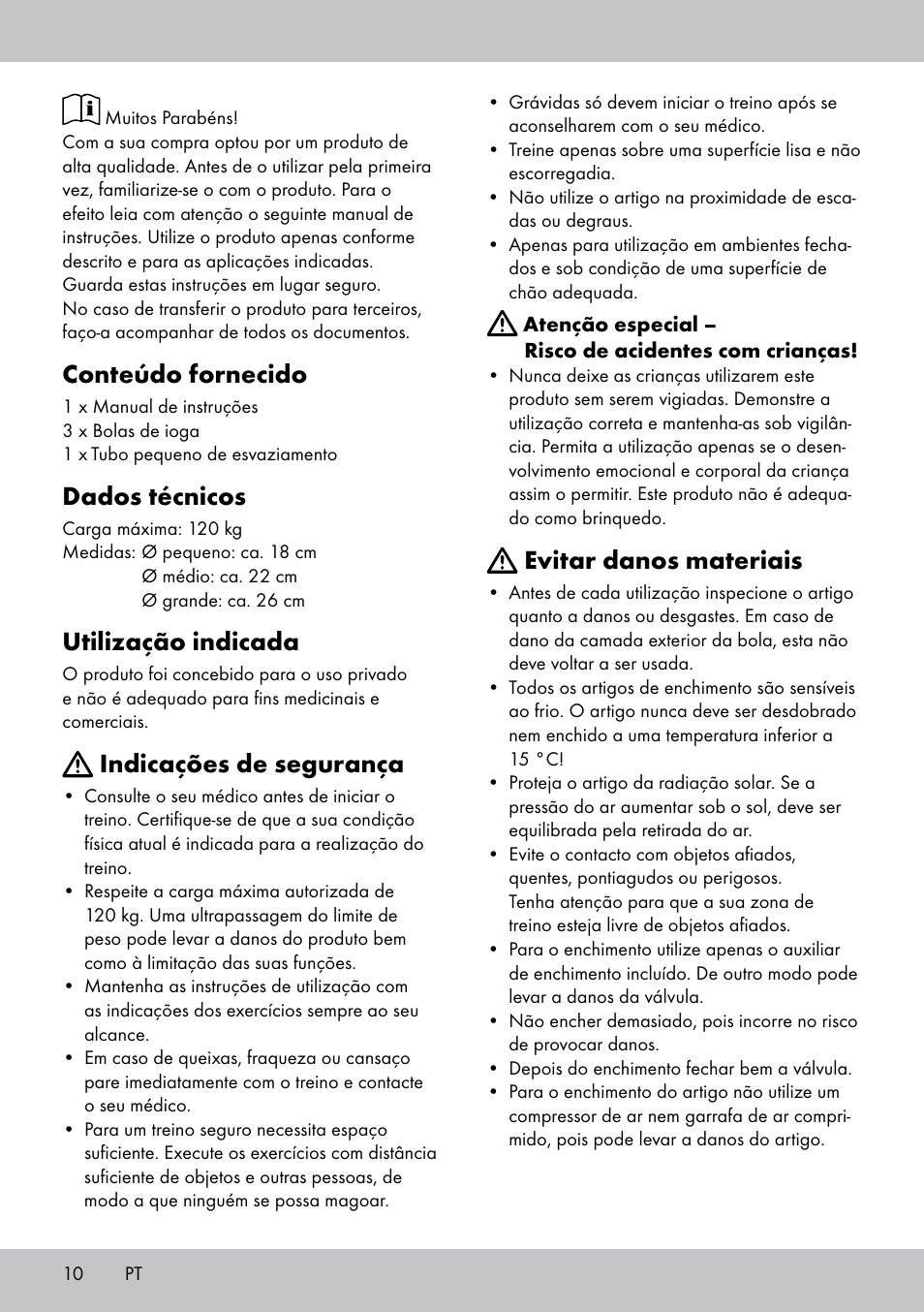 Conteúdo fornecido, Dados técnicos, Utilização indicada | Indicações de segurança, Evitar danos materiais | Crivit Yoga Block Style_Yogaball User Manual | Page 10 / 20