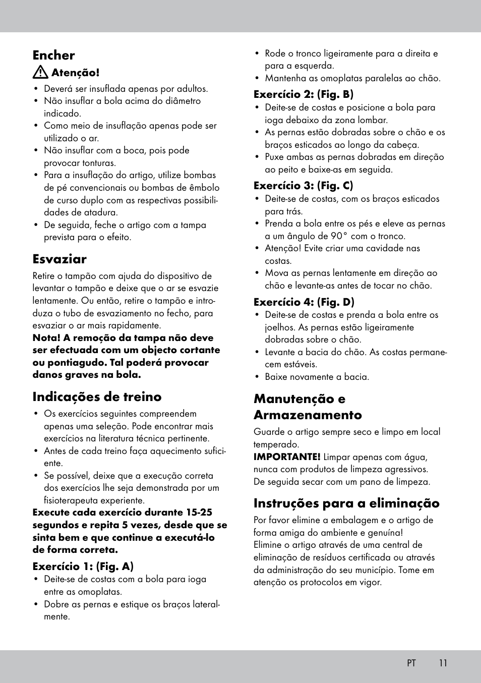 Encher, Esvaziar, Indicações de treino | Manutenção e armazenamento, Instruções para a eliminação | Crivit Yoga Block Style_Yogaball User Manual | Page 11 / 20