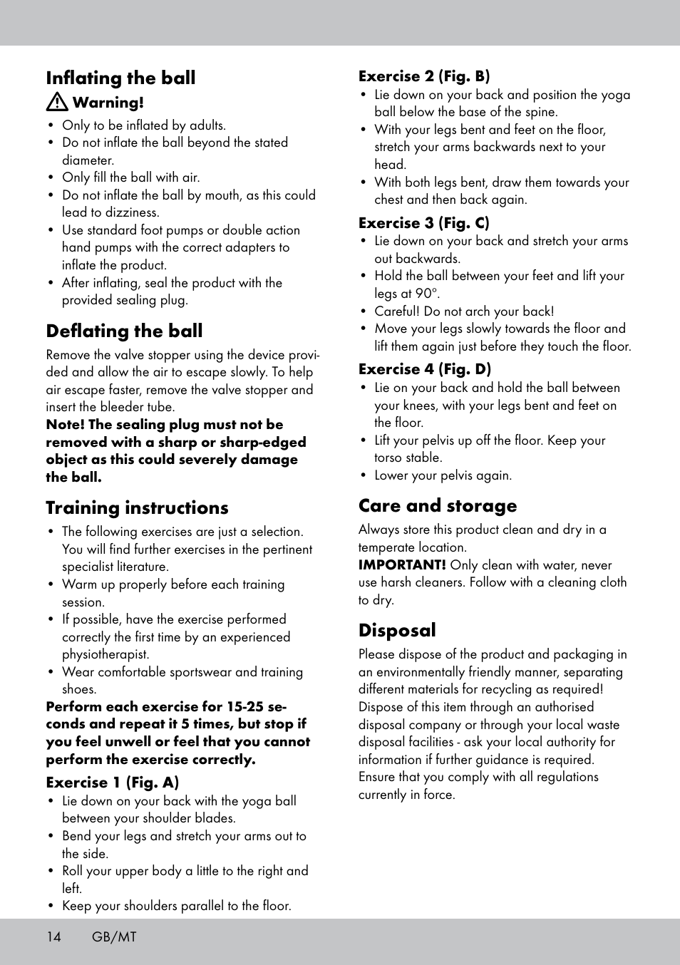 Inflating the ball, Deflating the ball, Training instructions | Care and storage, Disposal | Crivit Yoga Block Style_Yogaball User Manual | Page 14 / 20