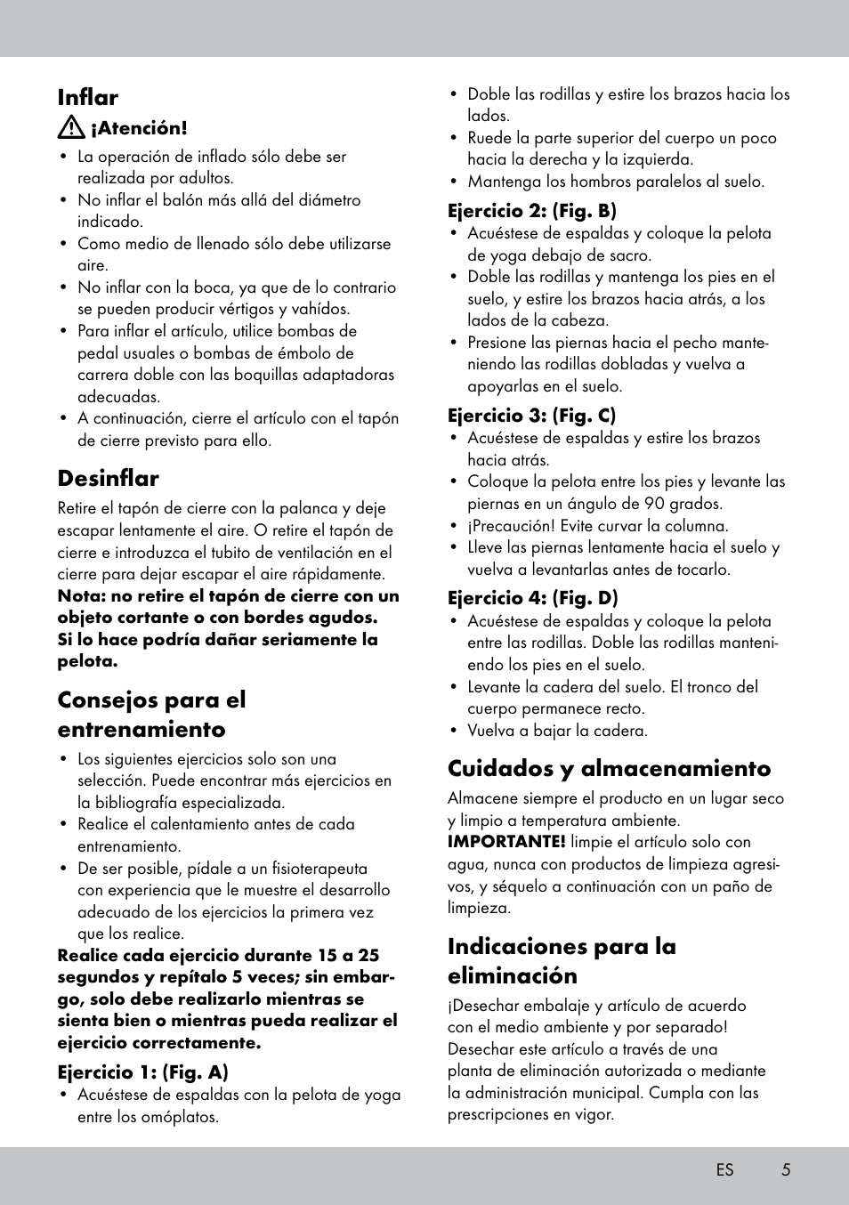 Inflar, Desinflar, Consejos para el entrenamiento | Cuidados y almacenamiento, Indicaciones para la eliminación | Crivit Yoga Block Style_Yogaball User Manual | Page 5 / 20