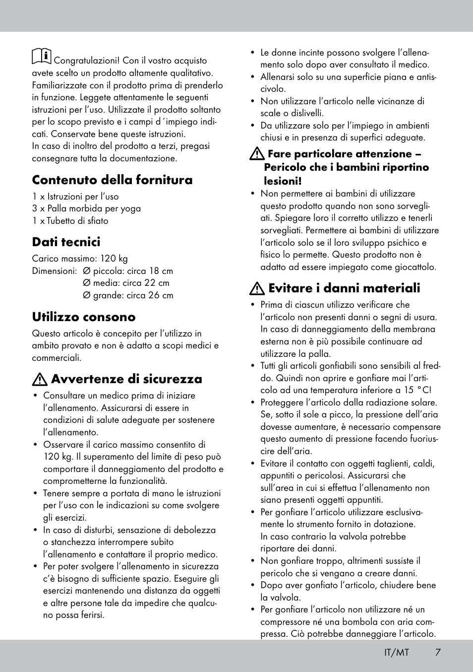 Contenuto della fornitura, Dati tecnici, Utilizzo consono | Avvertenze di sicurezza, Evitare i danni materiali | Crivit Yoga Block Style_Yogaball User Manual | Page 7 / 20