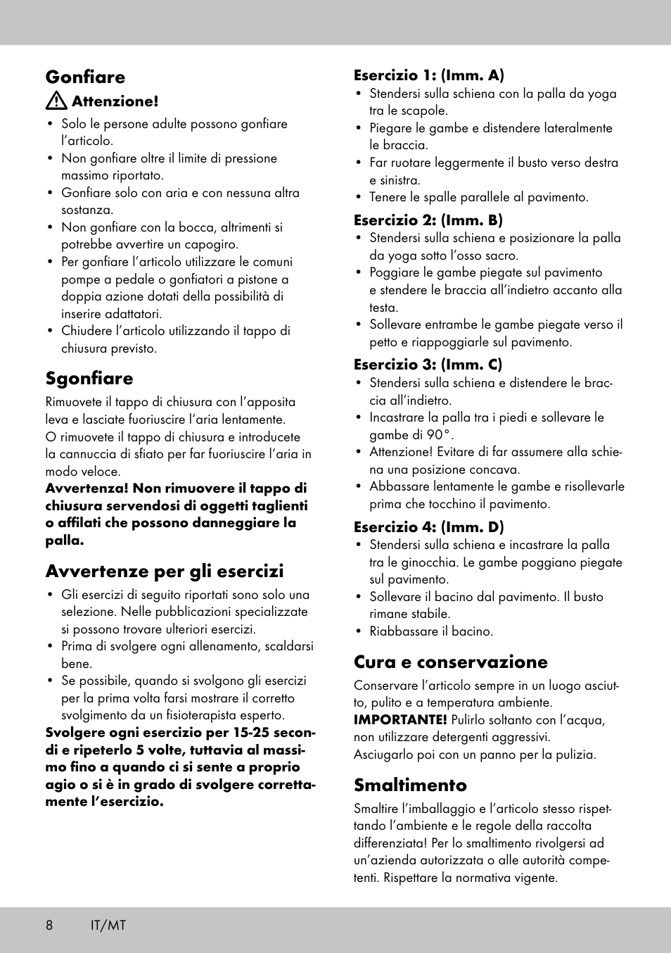 Gonfiare, Sgonfiare, Avvertenze per gli esercizi | Cura e conservazione, Smaltimento | Crivit Yoga Block Style_Yogaball User Manual | Page 8 / 20