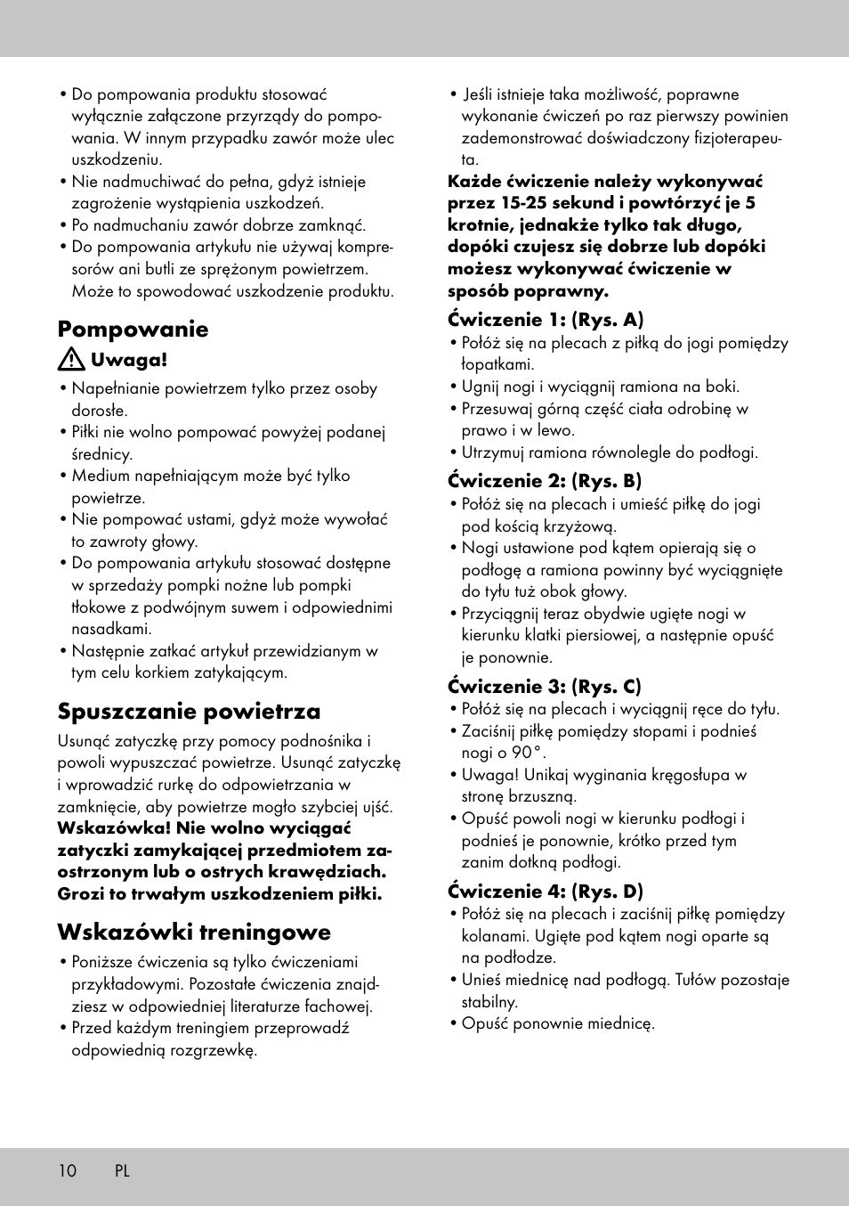 Pompowanie, Spuszczanie powietrza, Wskazówki treningowe | Crivit Yoga Block Style_Yogaball User Manual | Page 10 / 28