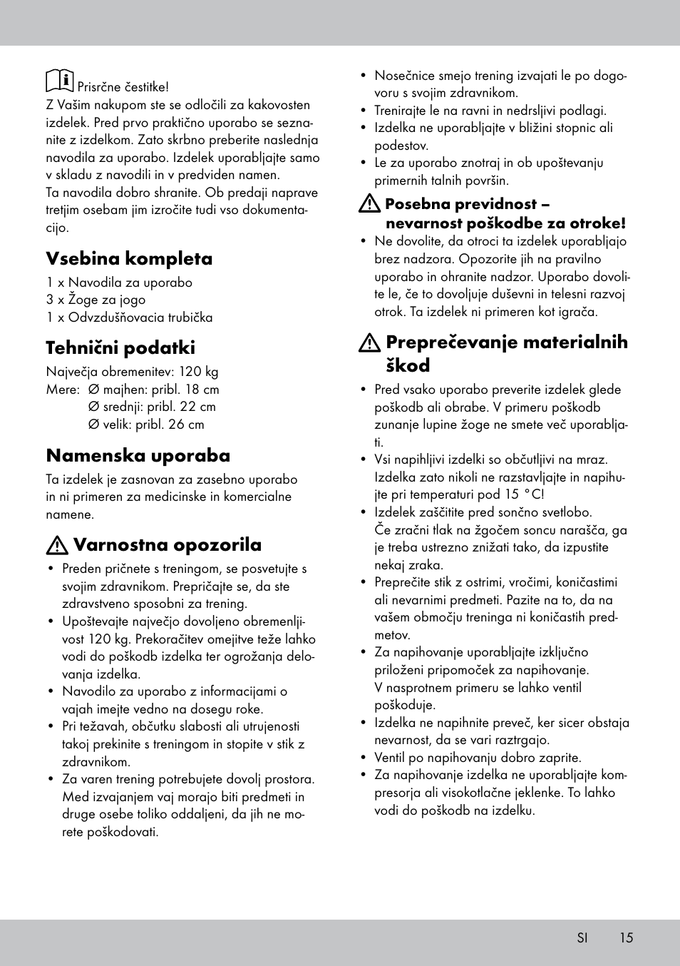 Vsebina kompleta, Tehnični podatki, Namenska uporaba | Varnostna opozorila, Preprečevanje materialnih škod | Crivit Yoga Block Style_Yogaball User Manual | Page 15 / 28