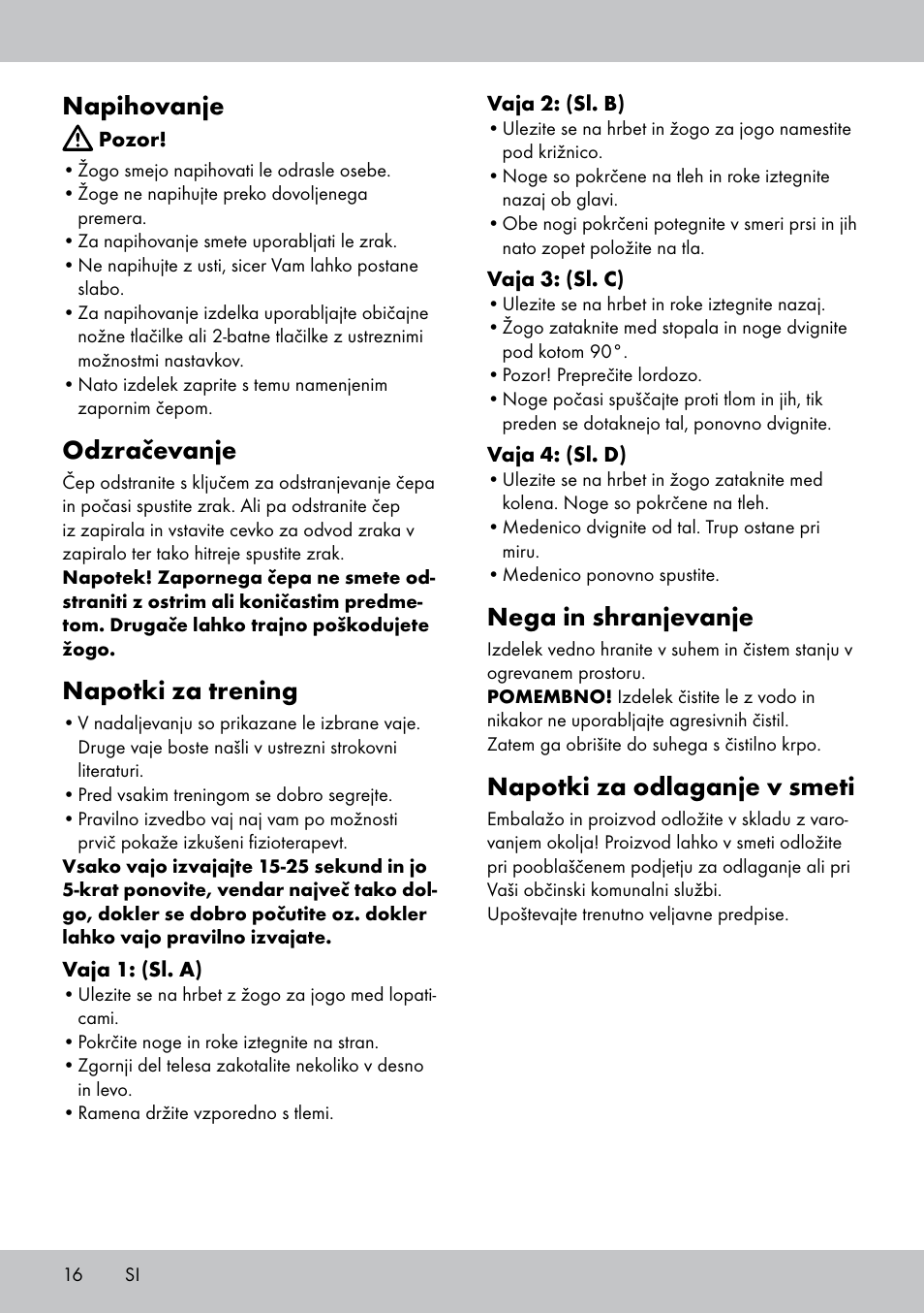 Napihovanje, Odzračevanje, Napotki za trening | Nega in shranjevanje, Napotki za odlaganje v smeti | Crivit Yoga Block Style_Yogaball User Manual | Page 16 / 28