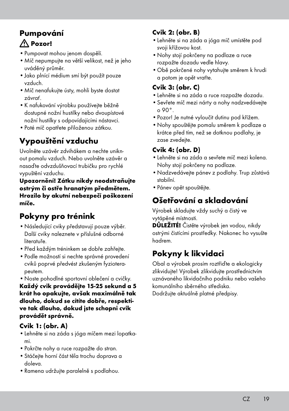 Pumpování, Vypouštění vzduchu, Pokyny pro trénink | Ošetřování a skladování, Pokyny k likvidaci | Crivit Yoga Block Style_Yogaball User Manual | Page 19 / 28