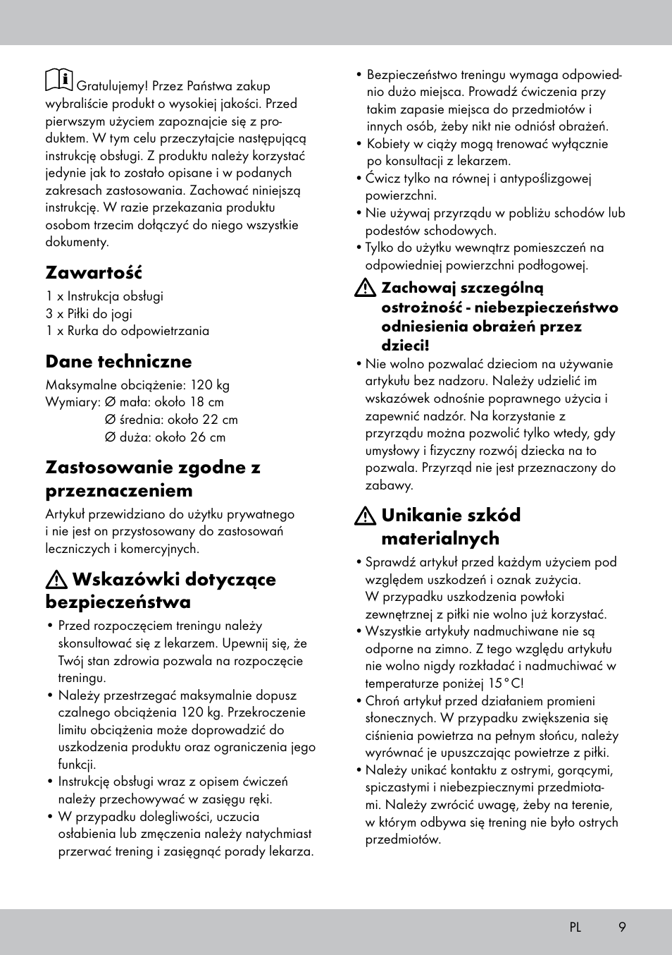 Zawartość, Dane techniczne, Zastosowanie zgodne z przeznaczeniem | Wskazówki dotyczące bezpieczeństwa, Unikanie szkód materialnych | Crivit Yoga Block Style_Yogaball User Manual | Page 9 / 28