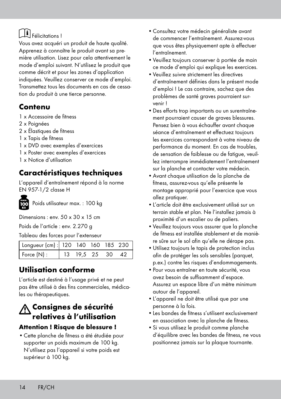Contenu, Caractéristiques techniques, Utilisation conforme | Consignes de sécurité relatives à l’utilisation | Crivit FB-1539 User Manual | Page 14 / 48
