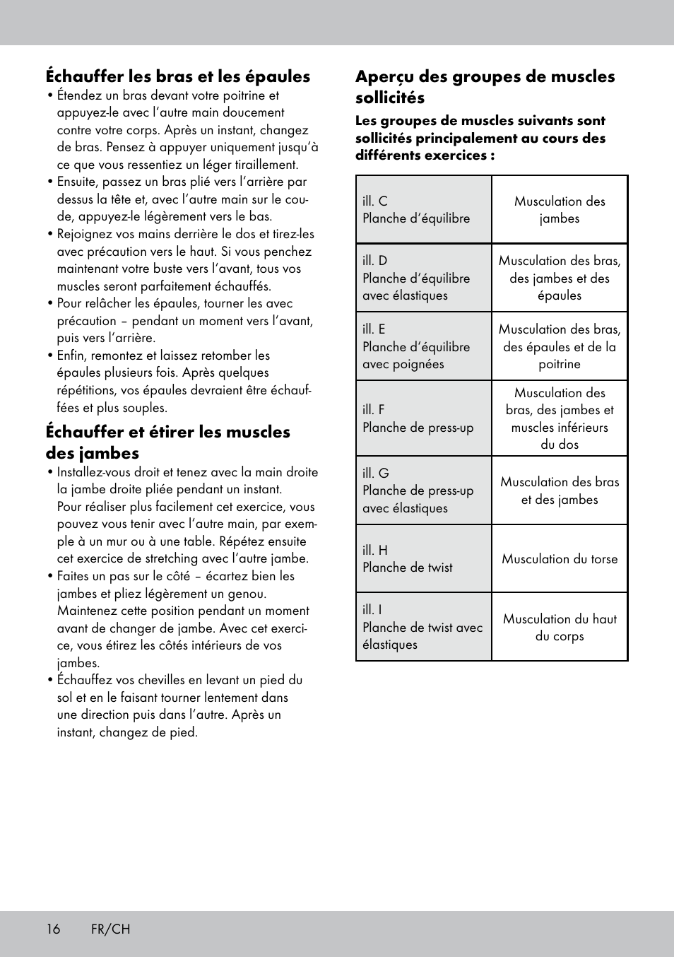 Aperçu des groupes de muscles sollicités, Échauffer les bras et les épaules, Échauffer et étirer les muscles des jambes | Crivit FB-1539 User Manual | Page 16 / 48