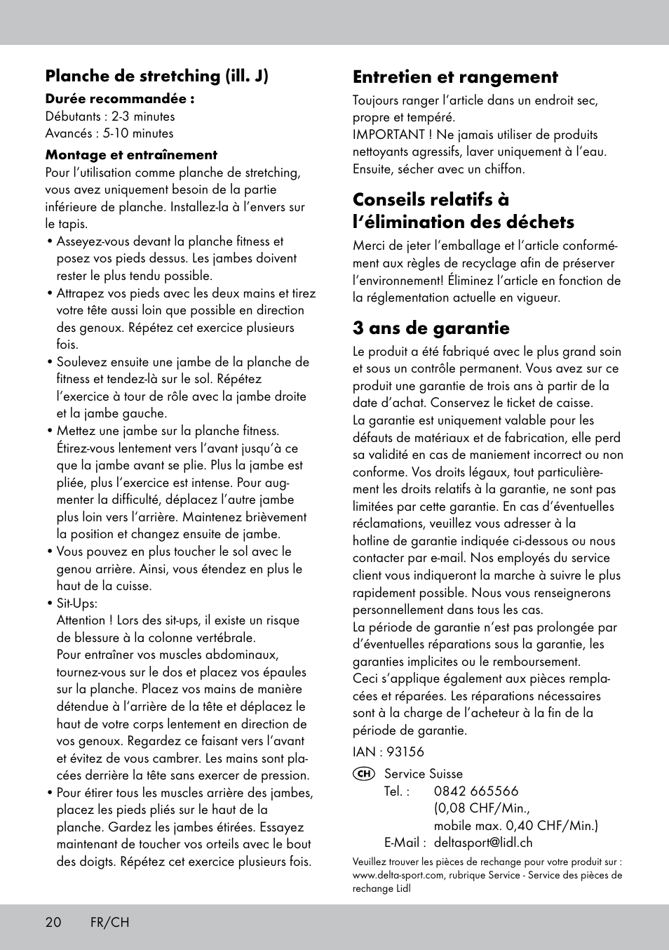 Entretien et rangement, Conseils relatifs à l‘élimination des déchets, 3 ans de garantie | Planche de stretching (ill. j) | Crivit FB-1539 User Manual | Page 20 / 48