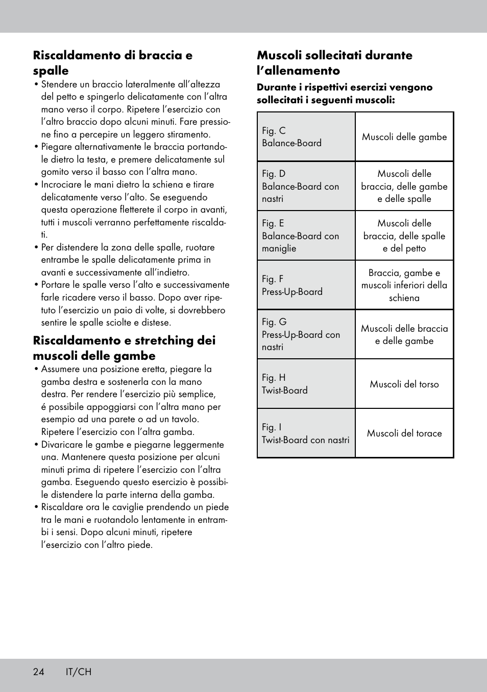 Muscoli sollecitati durante l’allenamento, Riscaldamento di braccia e spalle, Riscaldamento e stretching dei muscoli delle gambe | Crivit FB-1539 User Manual | Page 24 / 48