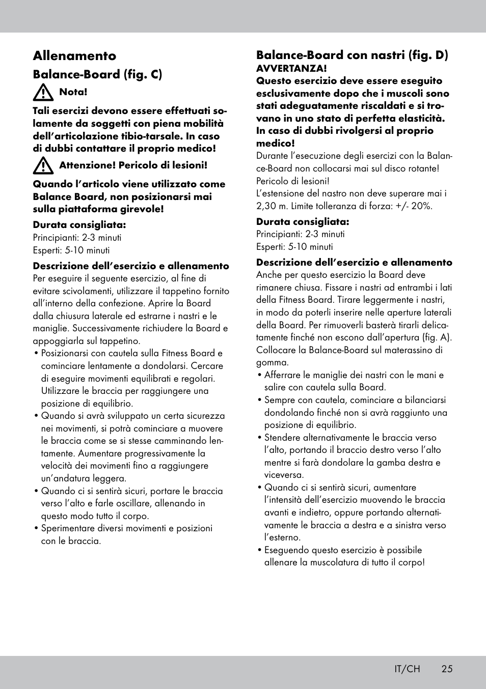 Allenamento, Balance-board (fig. c), Balance-board con nastri (fig. d) | Crivit FB-1539 User Manual | Page 25 / 48