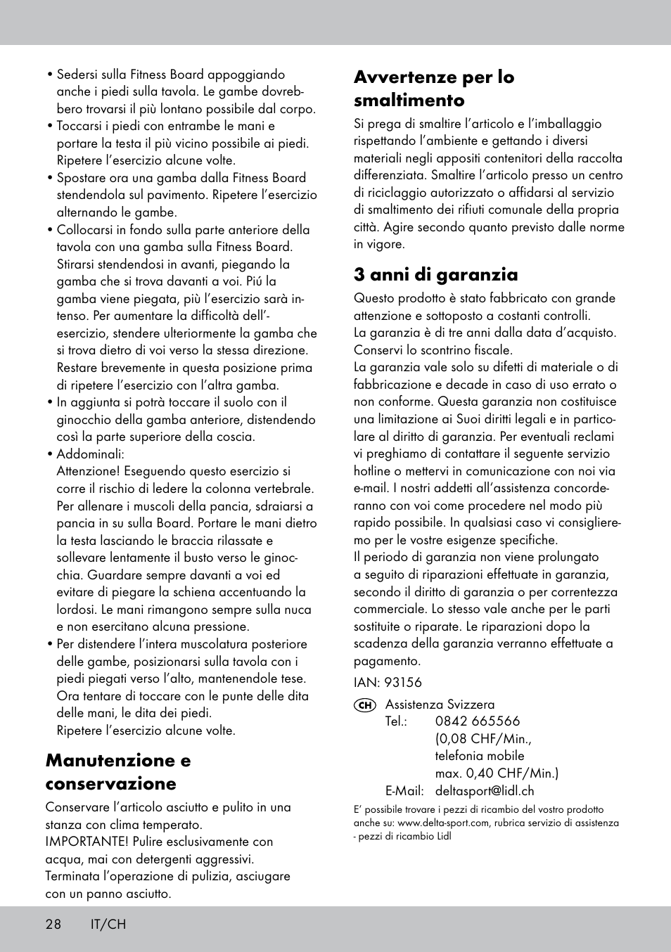 Avvertenze per lo smaltimento, 3 anni di garanzia, Manutenzione e conservazione | Crivit FB-1539 User Manual | Page 28 / 48