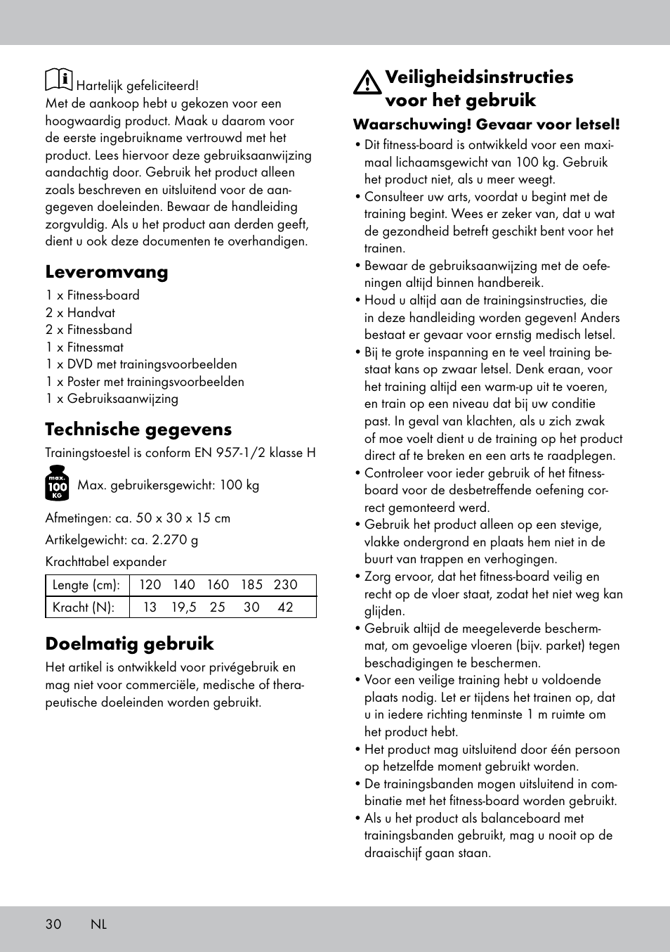 Leveromvang, Technische gegevens, Doelmatig gebruik | Veiligheidsinstructies voor het gebruik | Crivit FB-1539 User Manual | Page 30 / 48