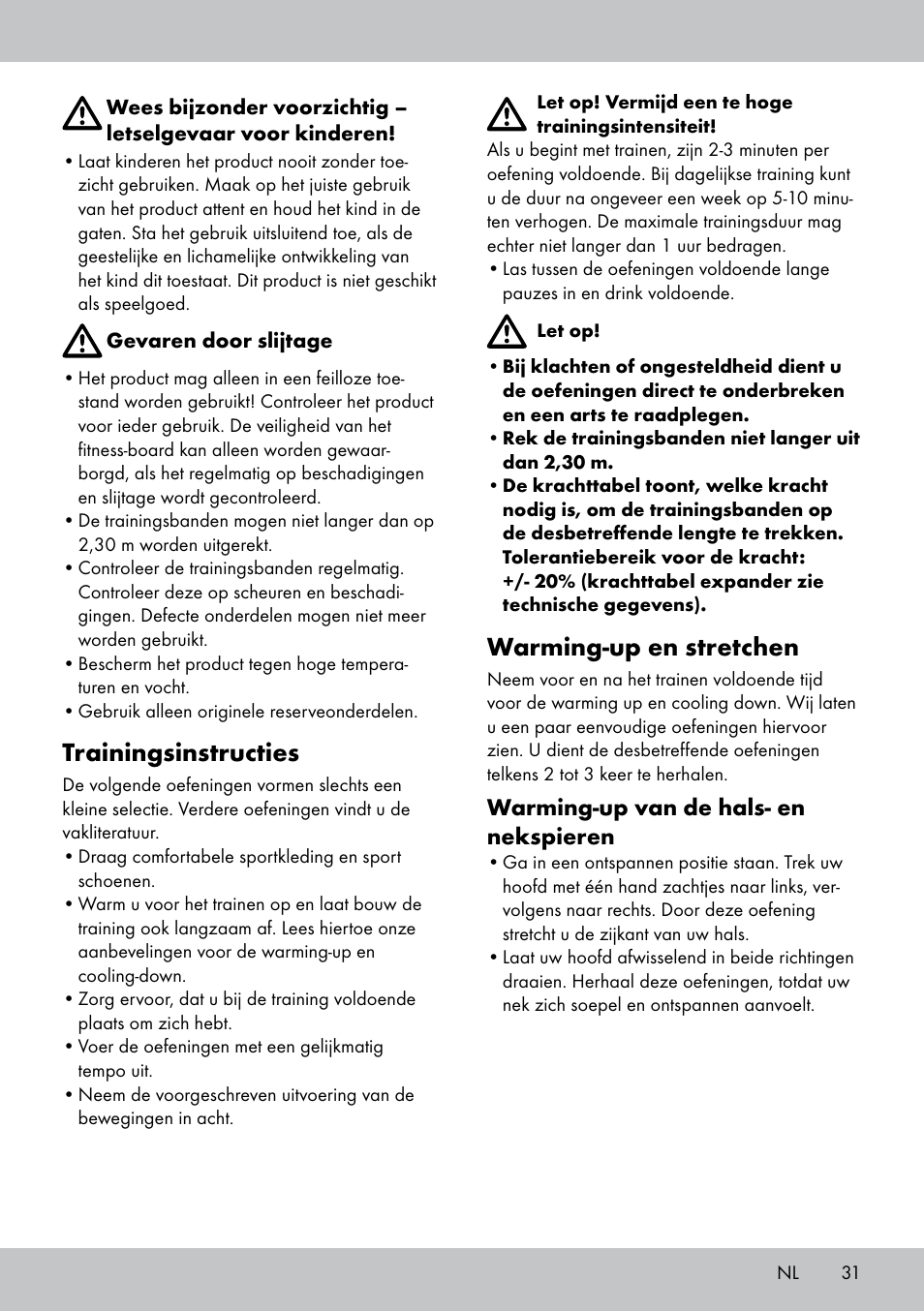 Trainingsinstructies, Warming-up en stretchen, Warming-up van de hals- en nekspieren | Crivit FB-1539 User Manual | Page 31 / 48