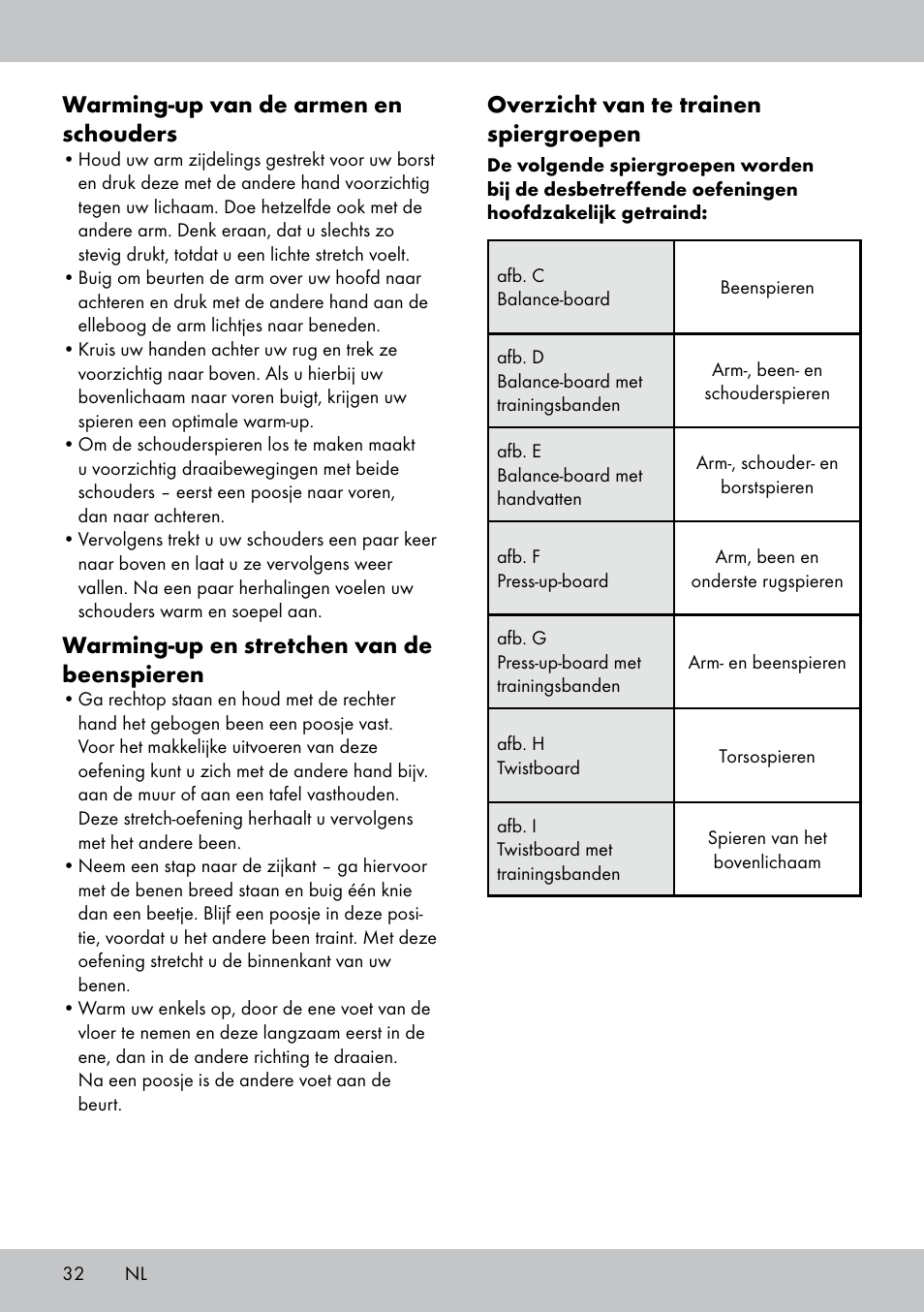 Overzicht van te trainen spiergroepen, Warming-up van de armen en schouders, Warming-up en stretchen van de beenspieren | Crivit FB-1539 User Manual | Page 32 / 48