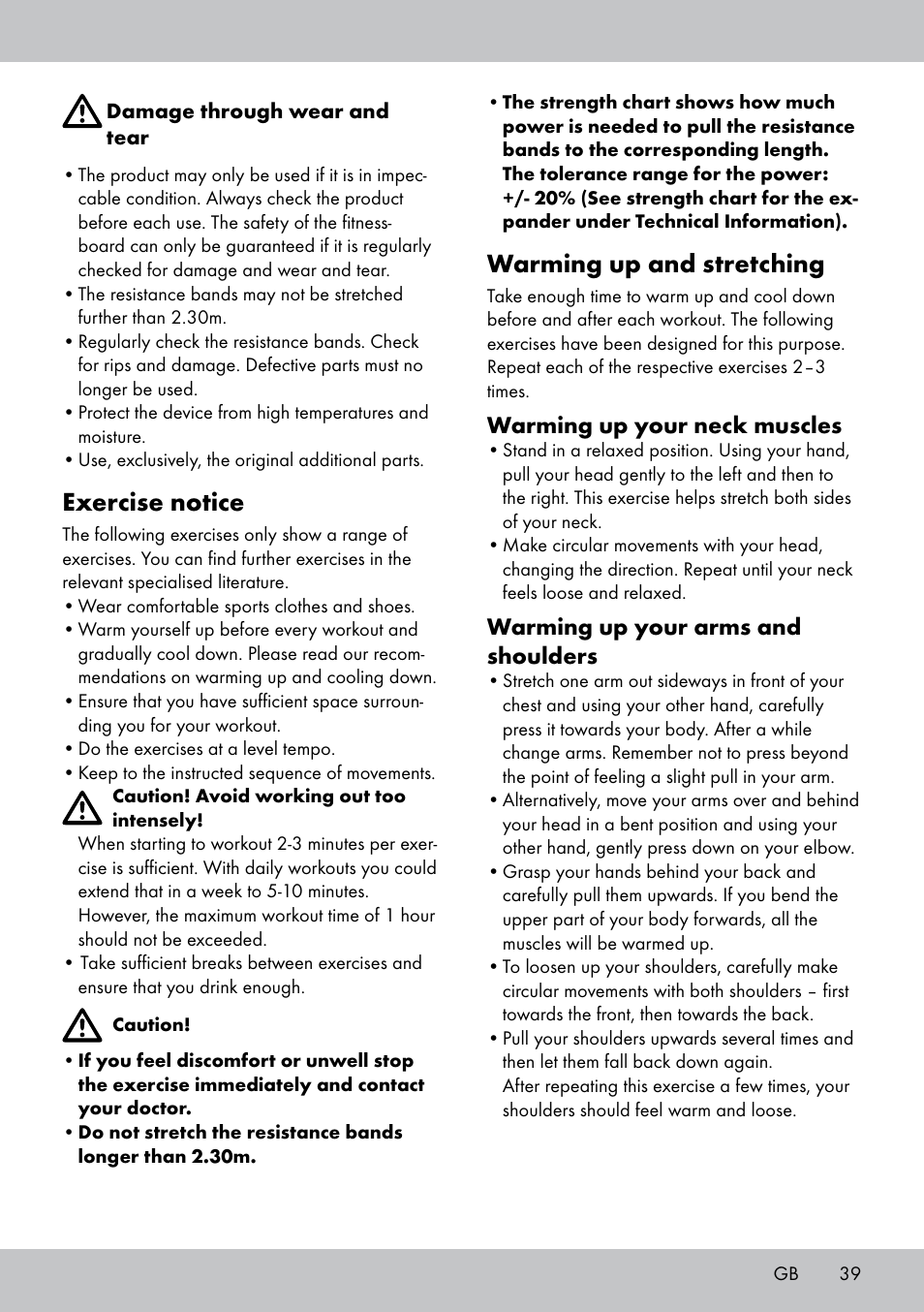 Exercise notice, Warming up and stretching, Warming up your neck muscles | Warming up your arms and shoulders | Crivit FB-1539 User Manual | Page 39 / 48