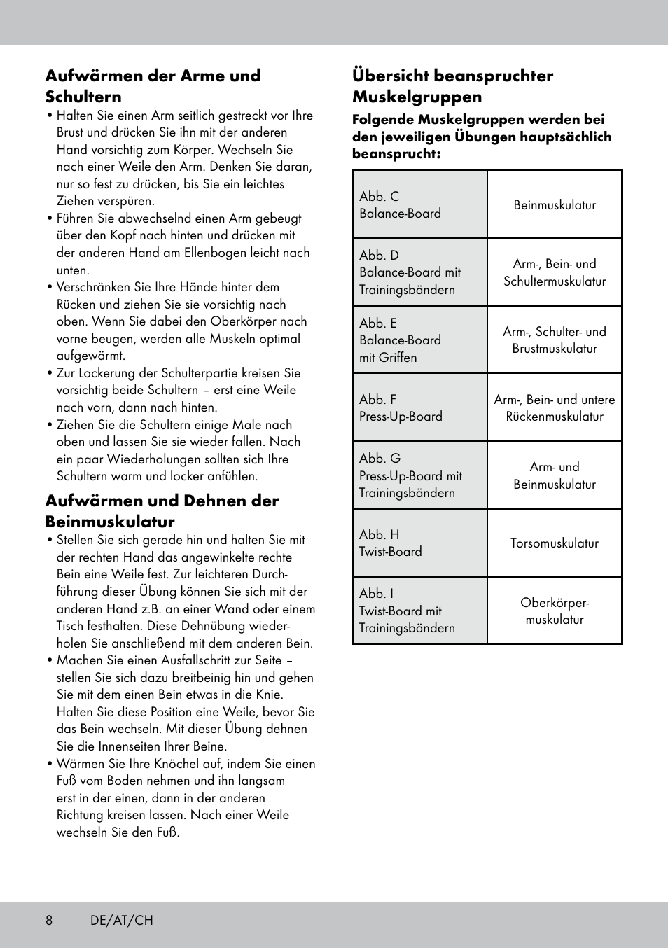Übersicht beanspruchter muskelgruppen, Aufwärmen der arme und schultern, Aufwärmen und dehnen der beinmuskulatur | Crivit FB-1539 User Manual | Page 8 / 48