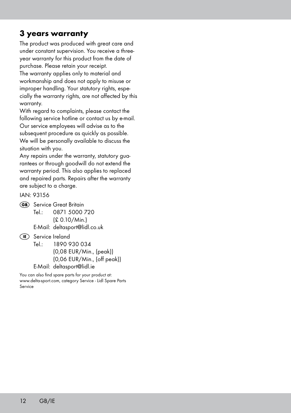 3 years warranty | Crivit FB-1539 User Manual | Page 12 / 64