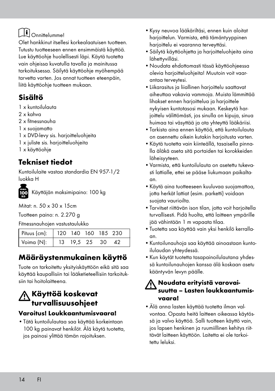 Sisältö, Tekniset tiedot, Määräystenmukainen käyttö | Käyttöä koskevat turvallisuusohjeet | Crivit FB-1539 User Manual | Page 14 / 64
