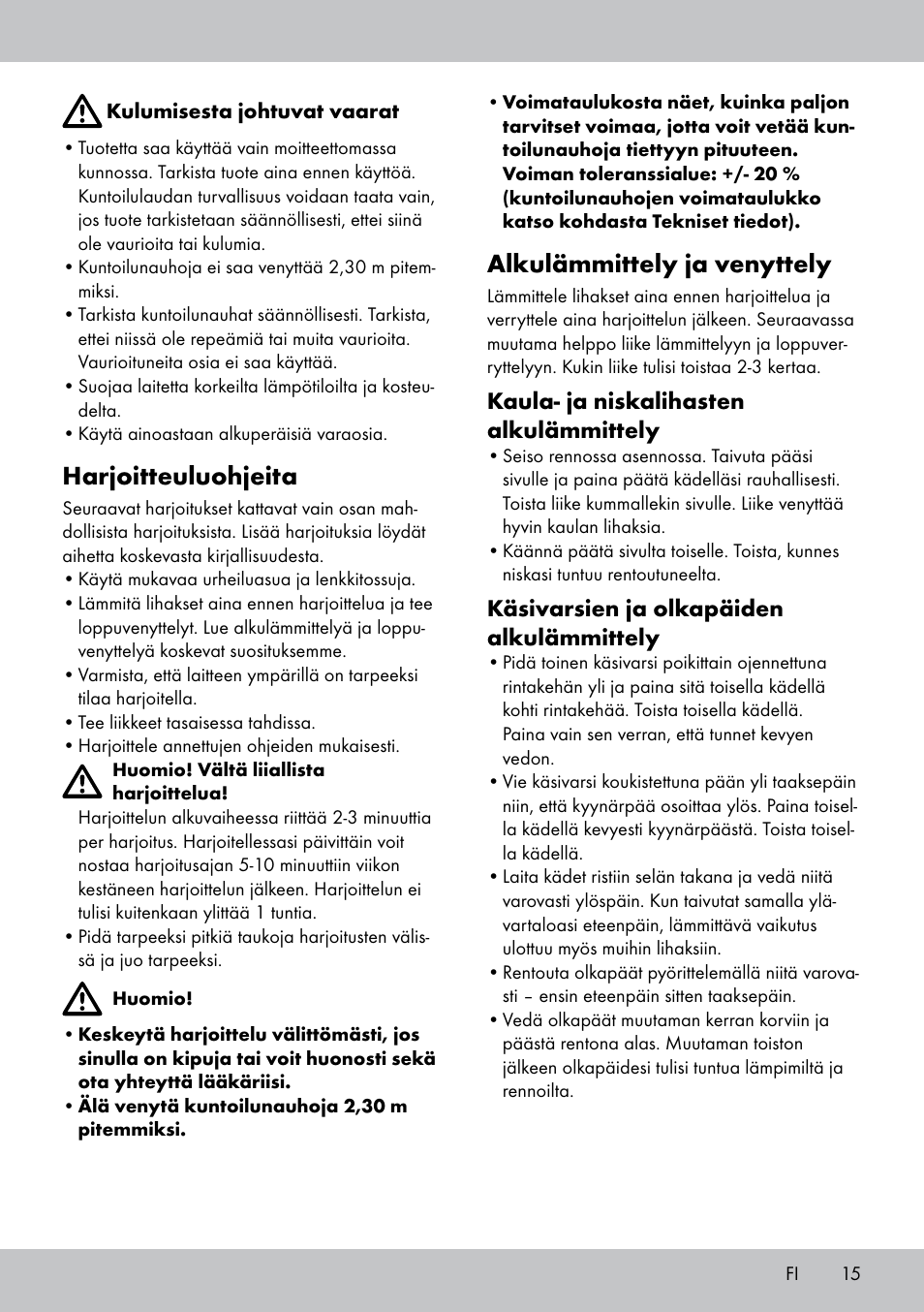 Harjoitteuluohjeita, Alkulämmittely ja venyttely | Crivit FB-1539 User Manual | Page 15 / 64