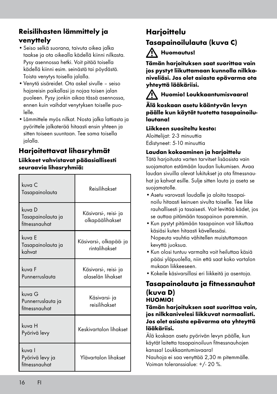 Harjoittelu, Tasapainoilulauta (kuva c), Tasapainolauta ja fitnessnauhat (kuva d) | Reisilihasten lämmittely ja venyttely, Harjoitettavat lihasryhmät | Crivit FB-1539 User Manual | Page 16 / 64