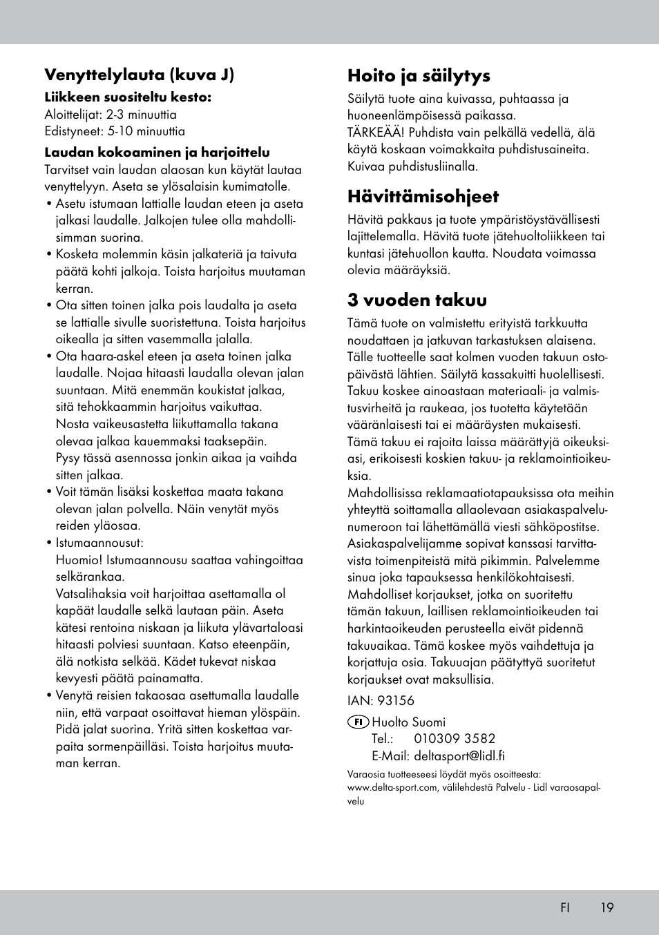 Hoito ja säilytys, Hävittämisohjeet, 3 vuoden takuu | Venyttelylauta (kuva j) | Crivit FB-1539 User Manual | Page 19 / 64