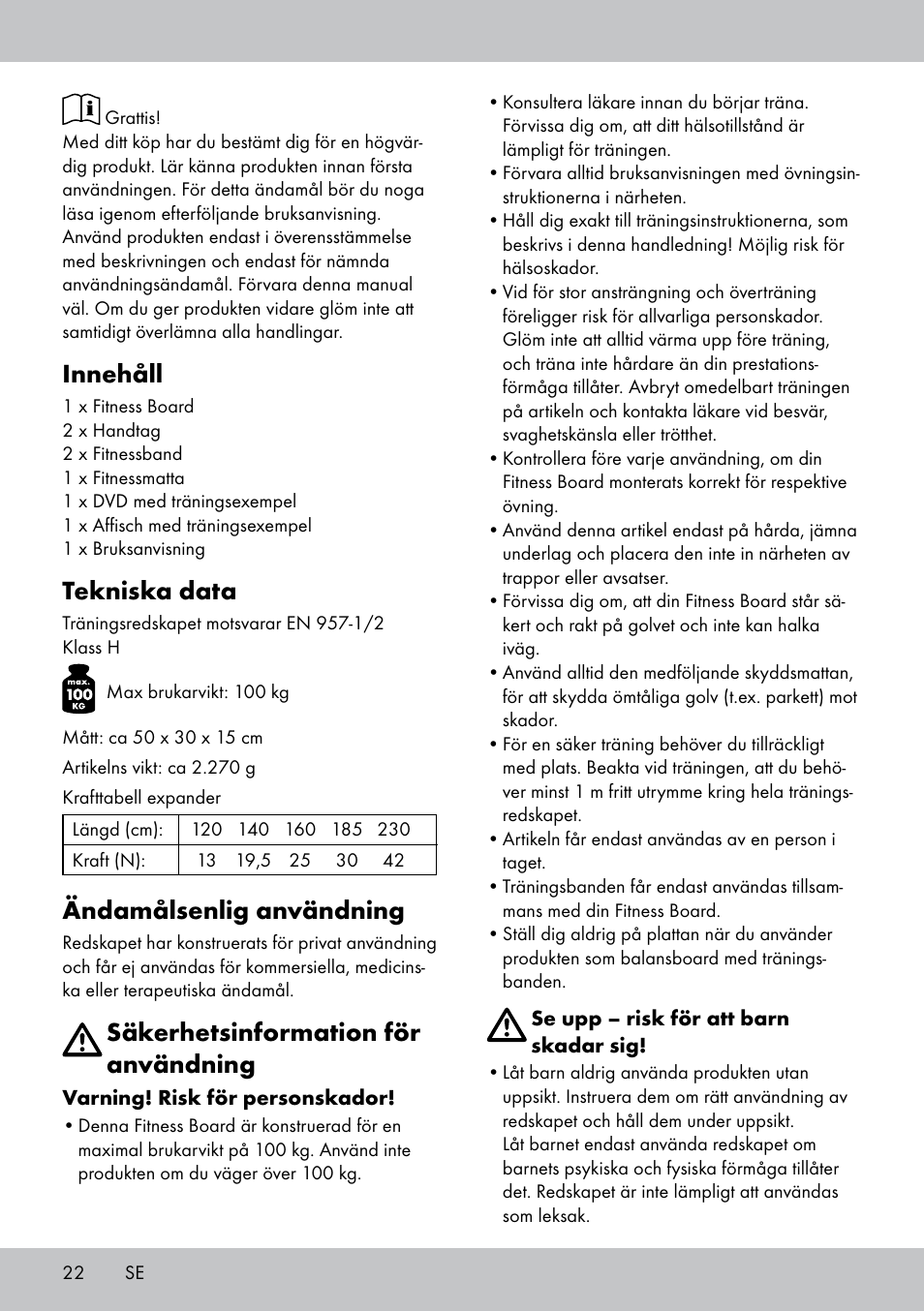 Innehåll, Tekniska data, Ändamålsenlig användning | Säkerhetsinformation för användning | Crivit FB-1539 User Manual | Page 22 / 64