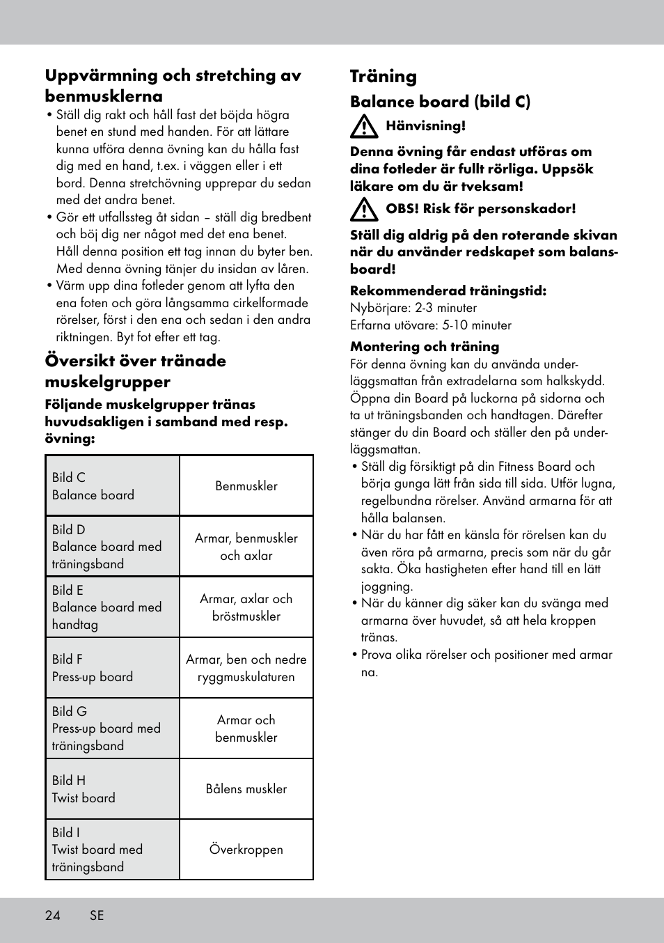 Träning, Balance board (bild c), Uppvärmning och stretching av benmusklerna | Översikt över tränade muskelgrupper | Crivit FB-1539 User Manual | Page 24 / 64