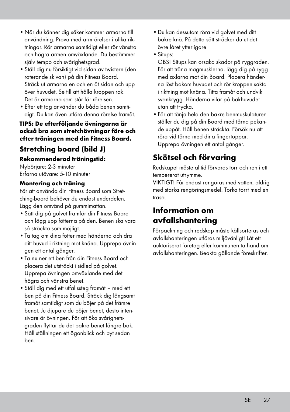 Skötsel och förvaring, Information om avfallshantering | Crivit FB-1539 User Manual | Page 27 / 64